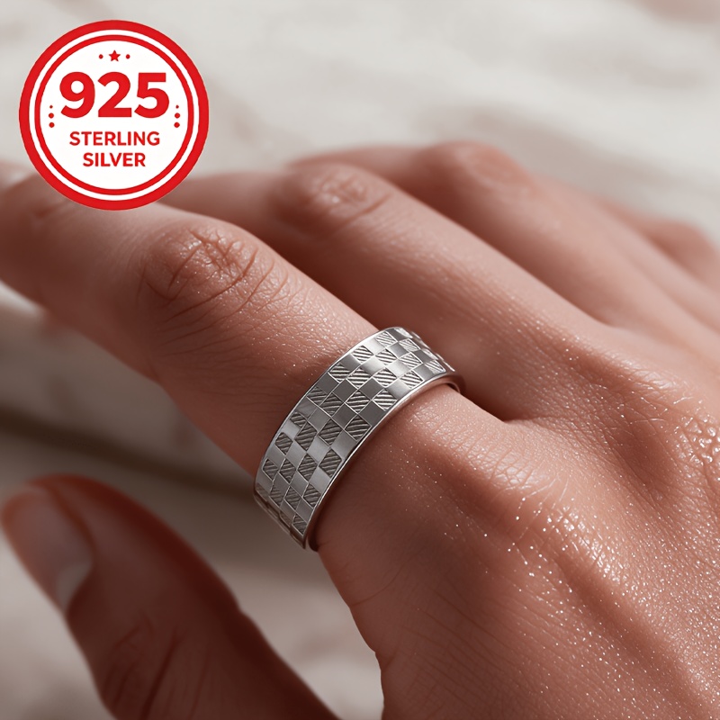 Women's 925 Silver Hypoallergenic Checkerboard Geometric Ring