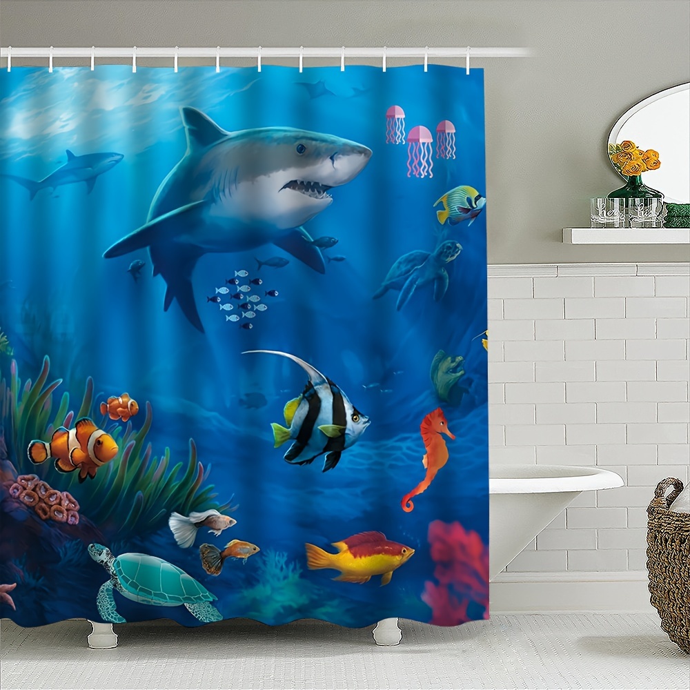 

Polyester Shower Curtain Set With Hooks, Machine Washable Waterproof Bathroom Decor, Sea Animal Printed Curtain With Shark And Fish, All-season Woven Privacy Divider
