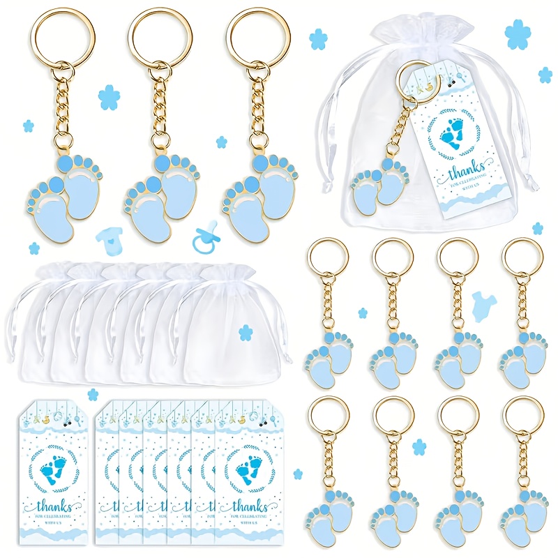 gift for herhim 30pcs shower favors for blue footprint keychain gifts with white organza bags and thank you tags for oh its a shower party decorations supplies 10 sets