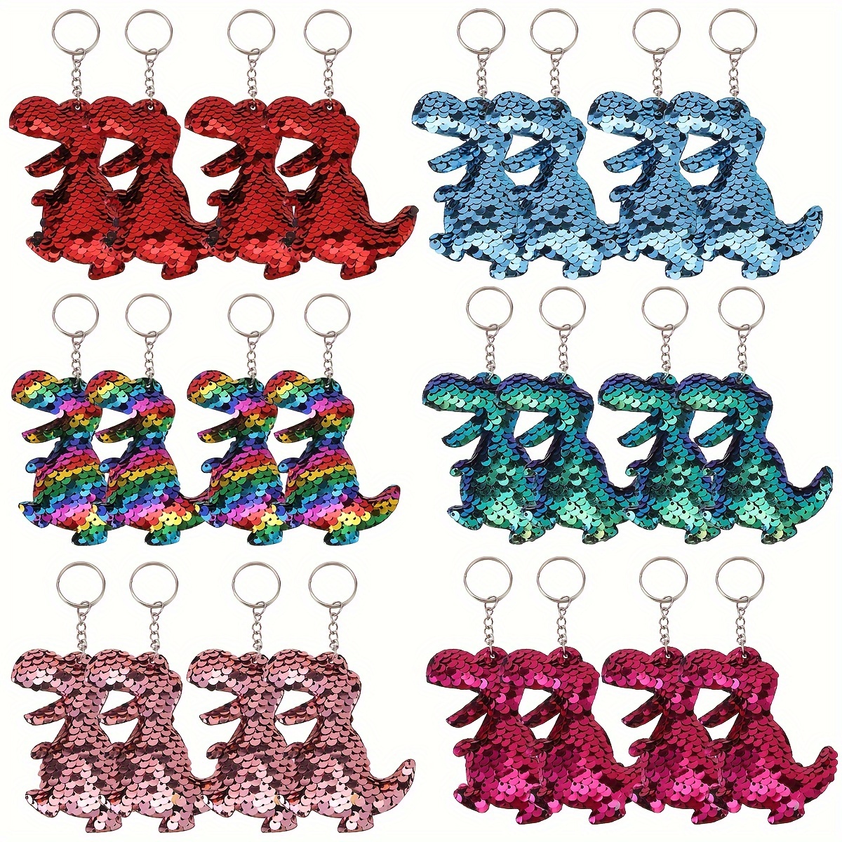 

24 Cute Sequin Keychain Pendants Featuring A Double-sided Dinosaur Shape, Suitable For Party Favors And Birthday Gifts.