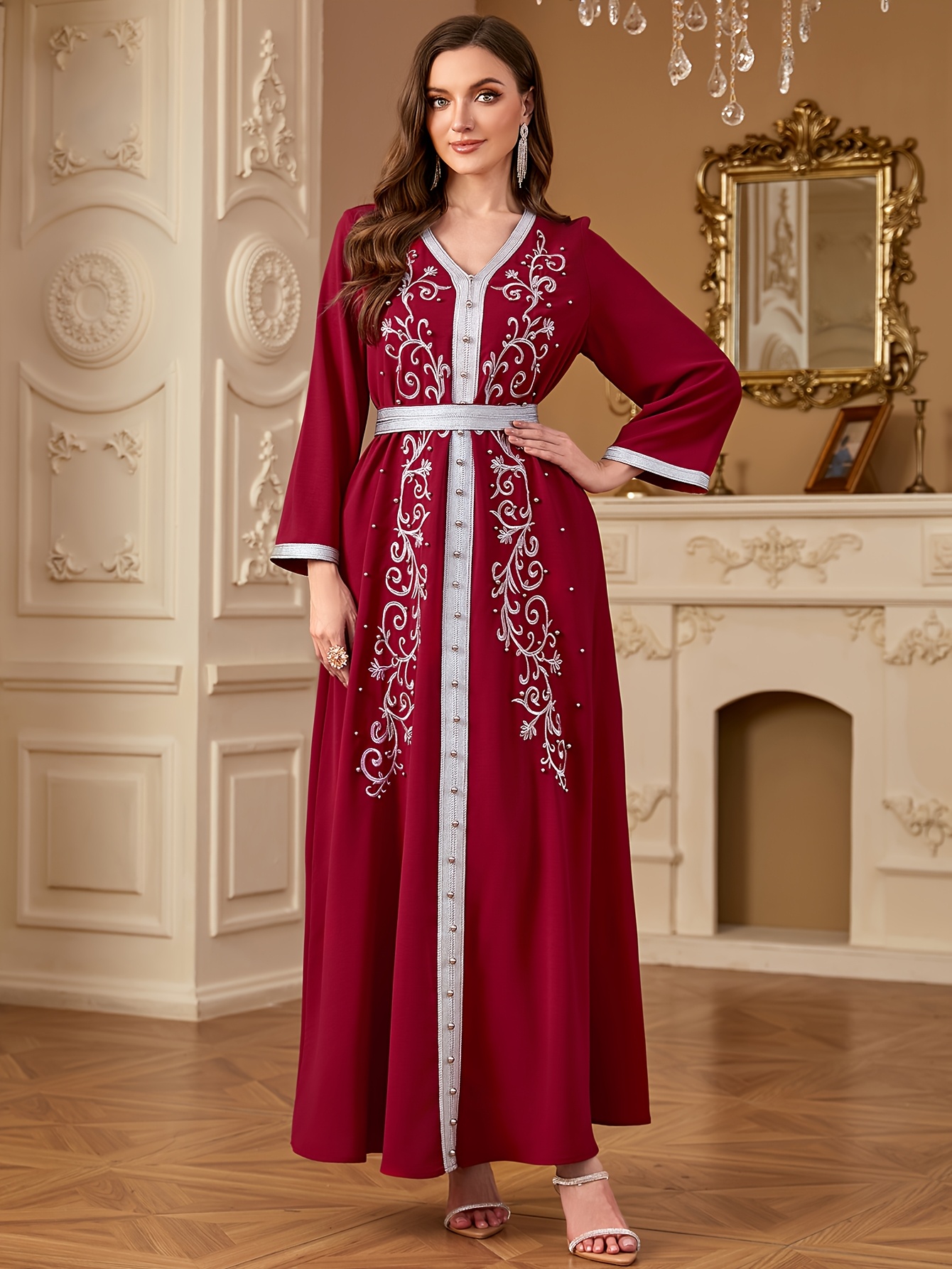 elegant beaded long sleeve robe dress - Temu Oman