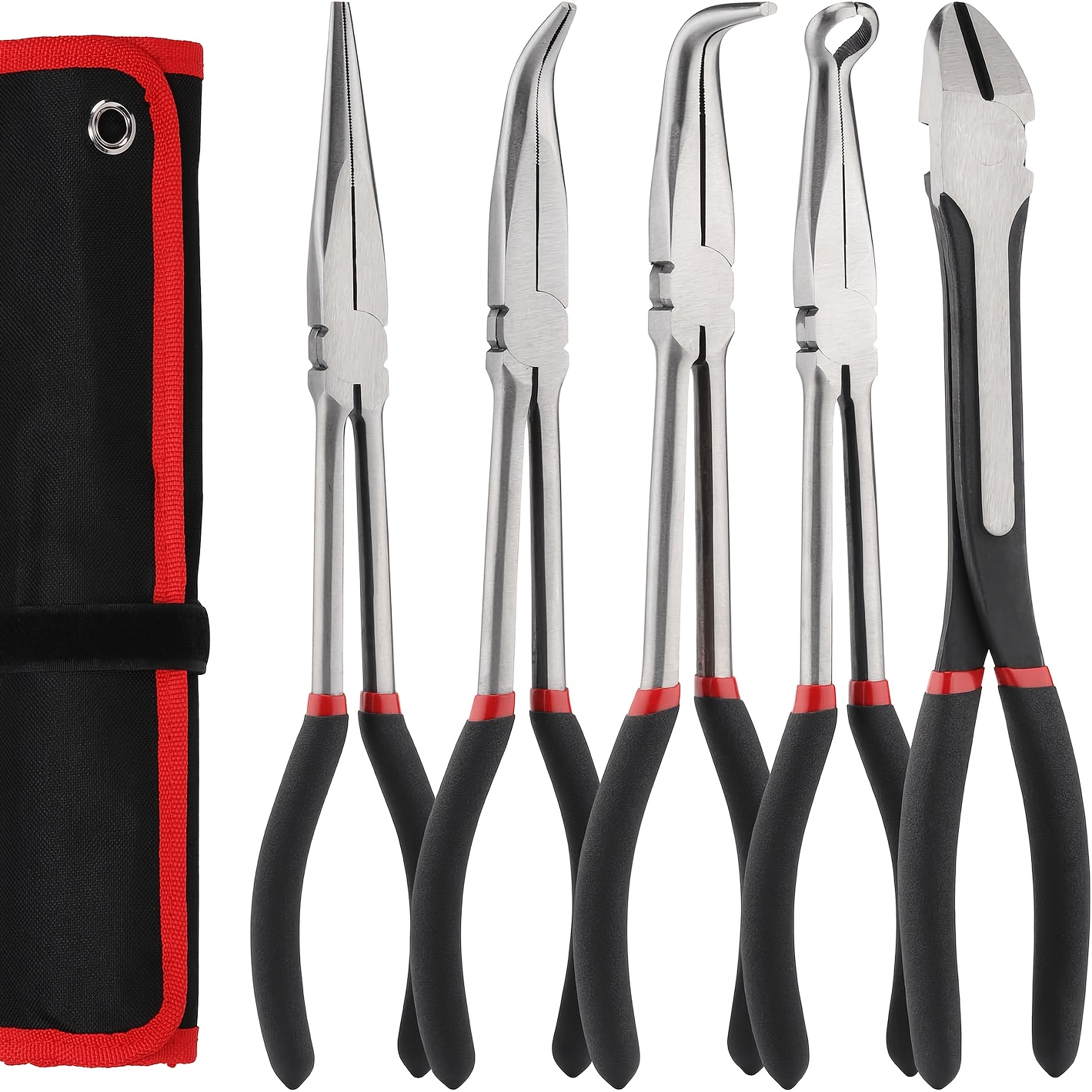 TEMU 5pcs Extra Long Reach Needle Nose Pliers Set With 11" , 45° & 90° Bent Nose & Diagonal Cutters, O-shaped Tip - Heavy-duty Precision Tool Kit For