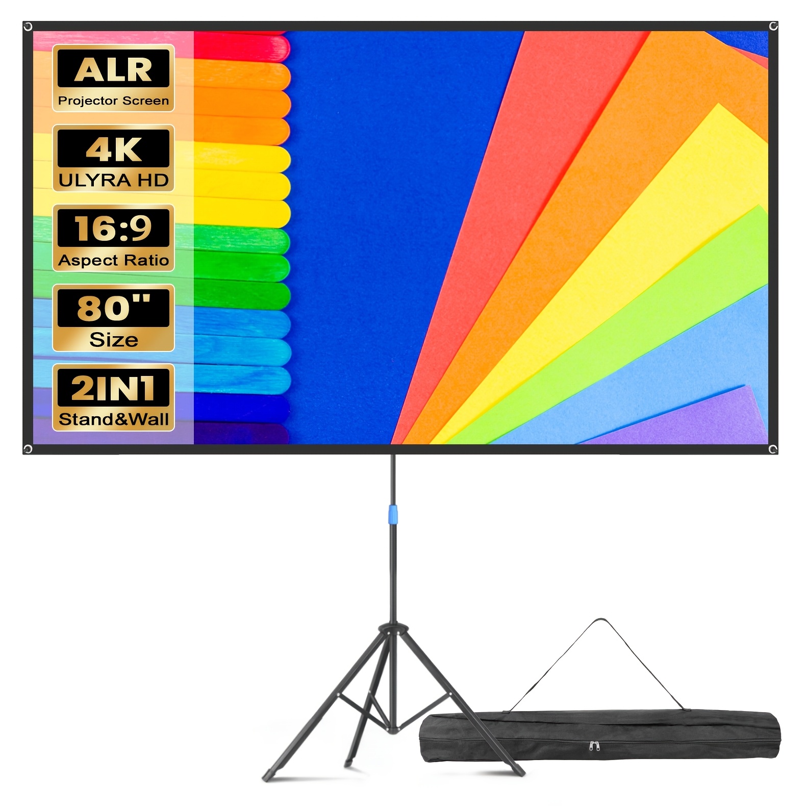 Image of Projector Screen With Tripod Stand 80 Inch 16:9 4k Hd Projection Screen Stand Height Adjustable Portable Screen For Theater Indoor & Outdoor For Movie, , Office, Travel, For Holiday Gifts