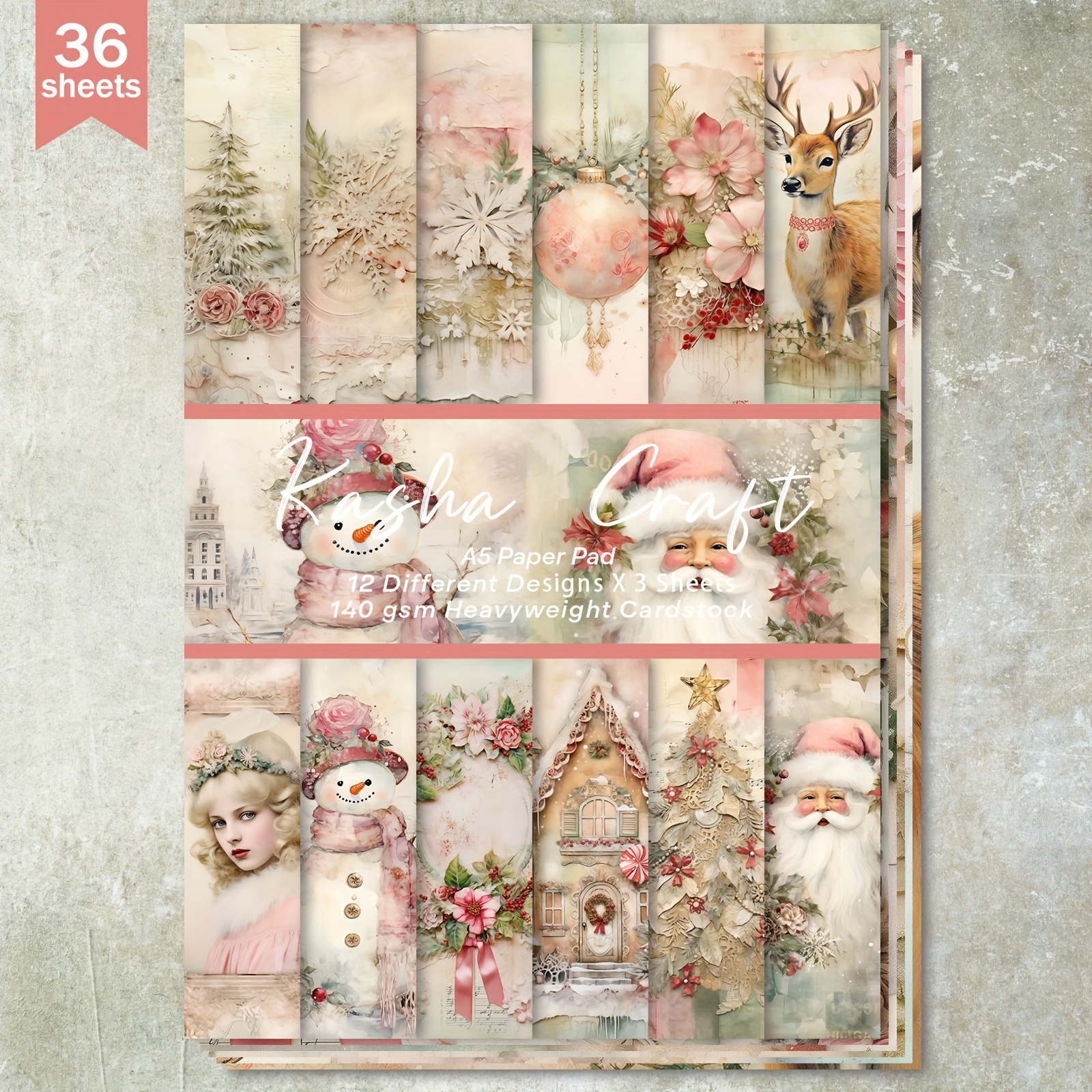 

36 Sheets A5 Christmas Themed Scrapbooking Paper Pad, Vintage Santa & Reindeer Design, Perfect For Bullet Journals, Junk Journals, Greeting Cards, Scrapbooks, And Craft Projects