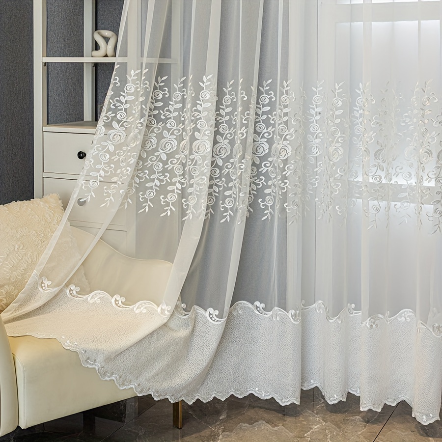 Image of 2pcs Countryside White Embroidered Small Flower Patterns, Resistant Transparent Curtains, Reference For Home Decoration Such As Living Room, Bedroom, Dining Room, Office, Balcony Etc