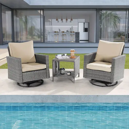 3 piece patio chair set grey rattan swivel rocking chair set coffee table suiting backyard poolside