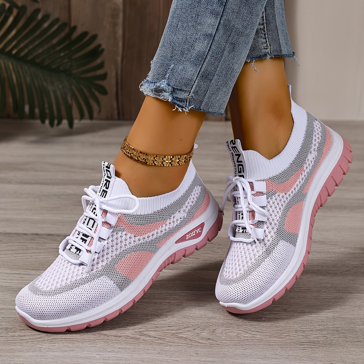 Tenis blancos ligeros y transpirables para mujer, cómodos, casuales, de caña baja con cordones, diseño de bloques de color, suela de goma flexible, ideales para viajes al aire libre y uso diario, para todas las estaciones