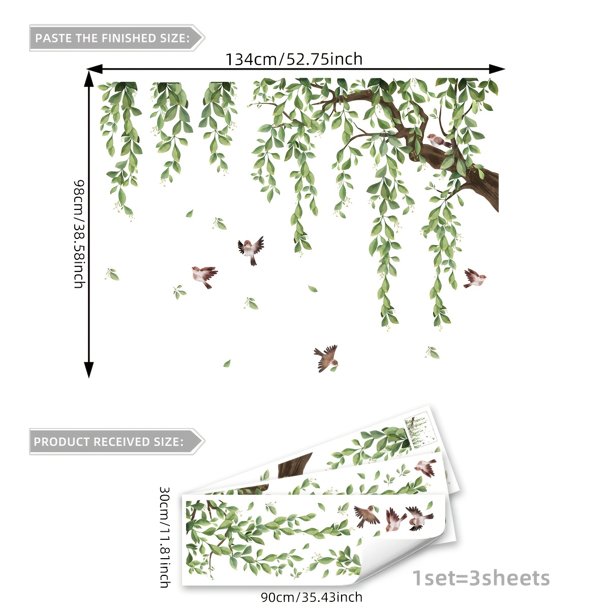 Image of A Set Of 3 Large Hand-painted Wall Stickers Featuring Branches, Leaves, And Small Birds For Home Decoration Room Or Bedroom, Self-adhesive Wall Sculptures Ms7237-yc.