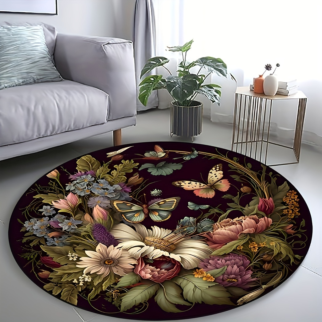 

Round Floral Area Rug With Butterfly Design, Machine Washable, Non-slip Absorbent Polyester Carpet For Bedroom, Porch, Living Room, Kitchen, Bathroom - 2 Sizes Available (31.9in And 47.2in Diameter)