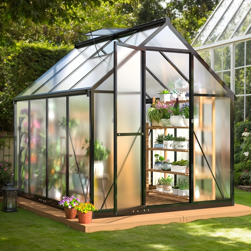 

6x7 Ft Outdoor Greenhouse, Polycarbonate Construction With Easy Assembly And Roof Ventilation, Aluminum Large Walk-in Greenhouse For Outdoor Garden Backyard, Garden Houses