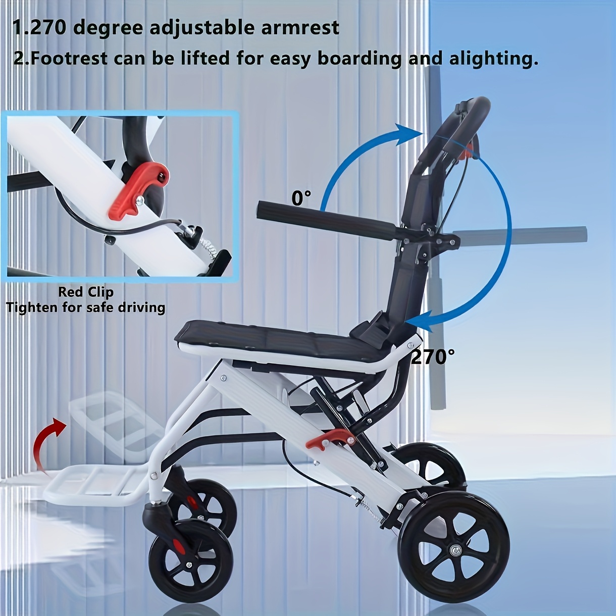 Lightweight And Foldable Transport Wheelchair, Weighing Only 8.62 KG, Portable Adult/infant Stroller, Suitable for Elderly Individuals, Seniors, And People with Physical Disabilities for Travel, Can Fit In The Trunk Of A Car.