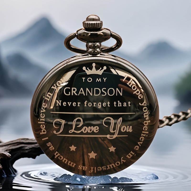 TEMU ' Elegant Engraved Pocket Watch With Quartz Movement - Black & Chain Pendant, For Christmas, Birthday & New Year Gifts Suitable For Everyday Or