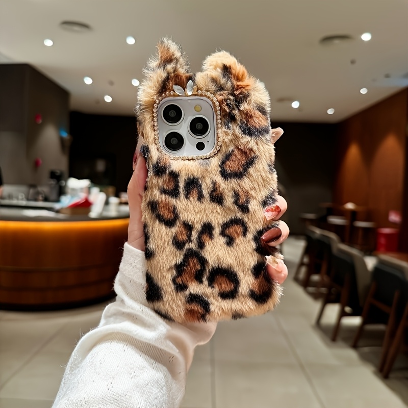 TEMU Autumn And Winter Soft Silk Hand- Firm Leopard Point Cat Ear Plush Mobile Phone Shell For Iphone Mobile Phone Shell 11 12 13 17/pro//, Leopard