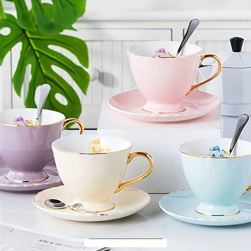 minimalist ceramic colored glaze golden tracing coffee cup and saucer set ceramic colored glaze golden tracing tea cup four color high footed coffee cup and saucer set rose ceramic english afternoon tea cup
