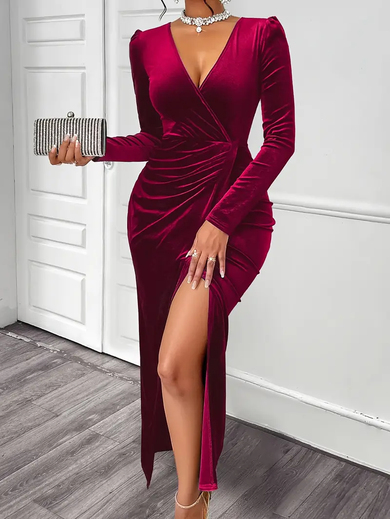 wine bodycon dress long sleeve V-Neck Wrap Velvet Long Sleeve Elegant Bodycon Ruched Maxi Dress, M, Wine Red