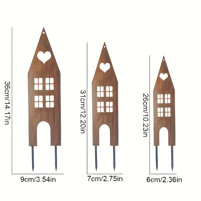 Image of 3pcs Rustic Metal Garden Stakes - Small House Designs With Hearts, Weather-resistant Outdoor Decor For Yards, Patios, And , No Power Needed, Home And Garden Aesthetics, Garden Decorations