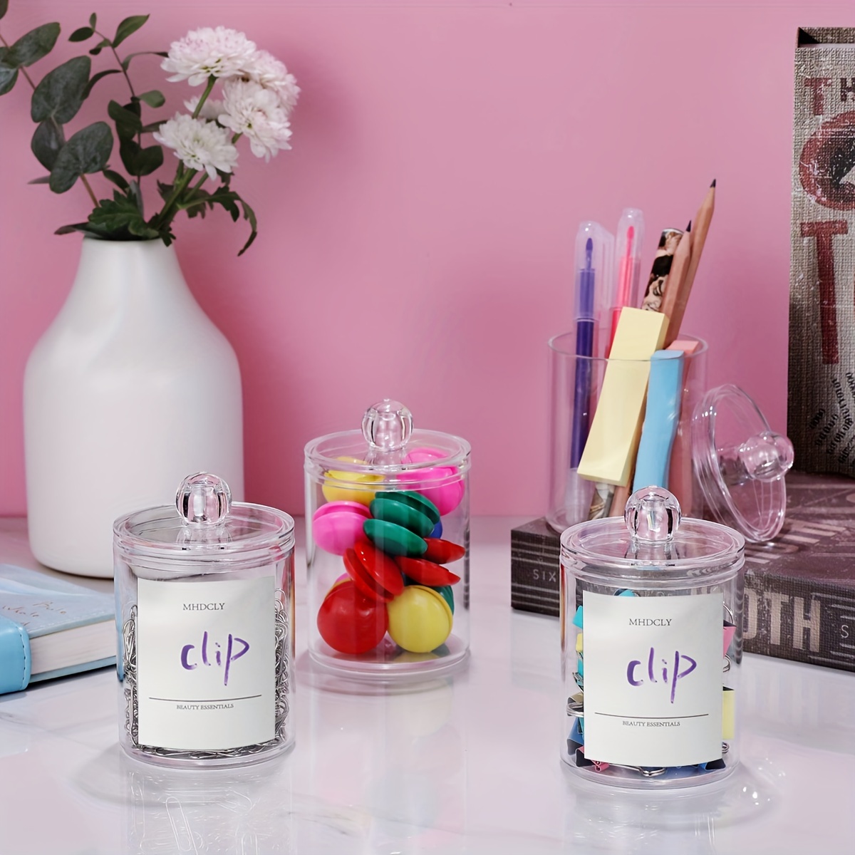 Juego de 4 cajas de almacenamiento para accesorios de baño, soporte para palillos de dientes y hilo dental, caja de almacenamiento para hisopos, contenedor para bolas de algodón, clips para papelería, frascos de plástico transparente para medicamentos, frascos de almacenamiento para baño, almacenamiento de cosméticos, organizador de joyas