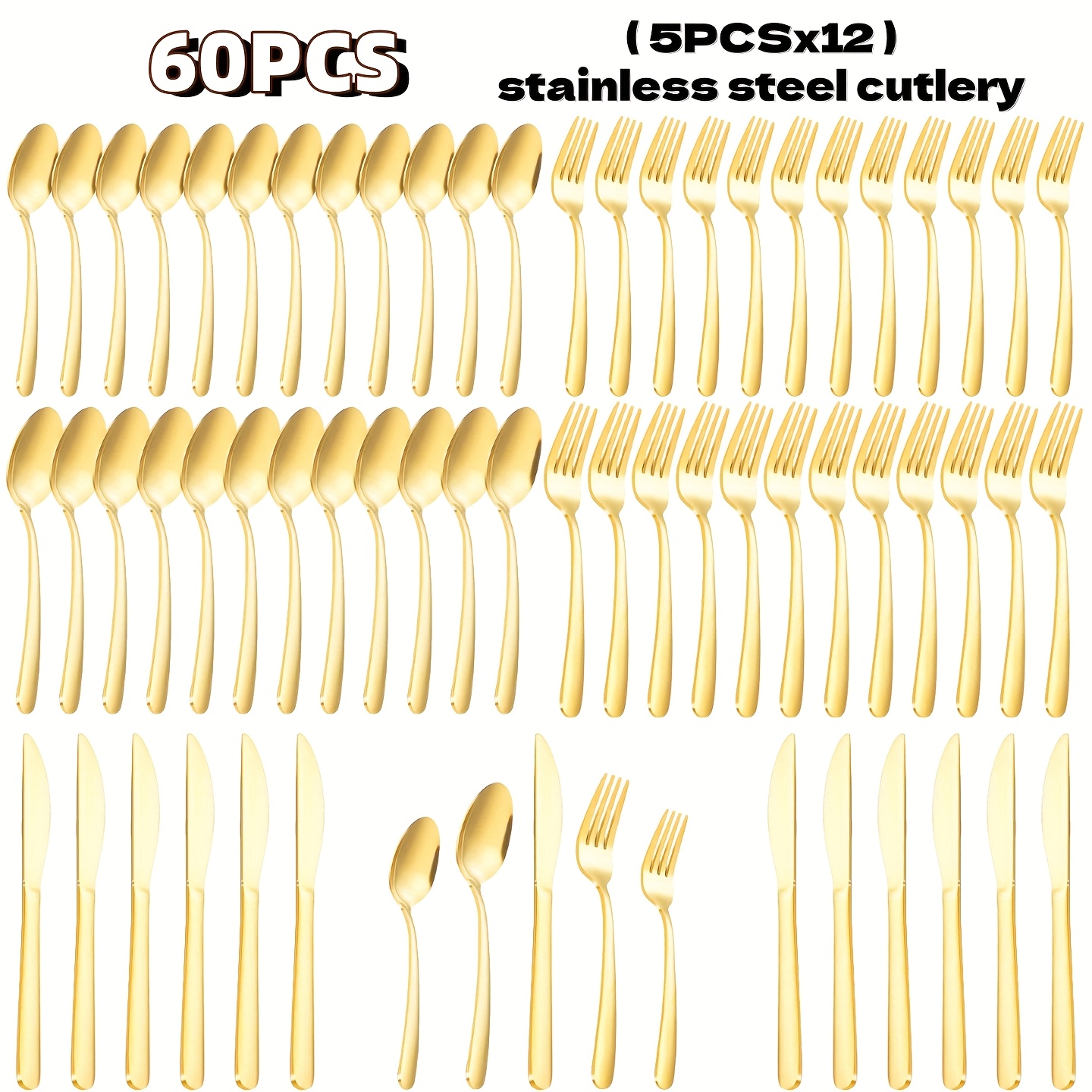 TEMU 20pcs/40pcs/60pcs Stainless Steel Tableware Set, Golden Tableware, Mirror Polished, Knife And Fork Tableware. Wholesale, Suitable For Business,