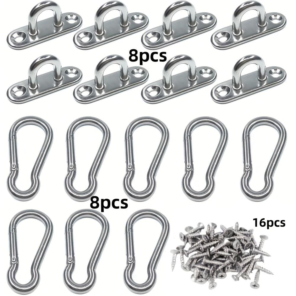 32pcs Stainless .8-inch Eye Plate U-hooks + Stainless Steel Spring Hooks, Shade Sail Hardware, String Light Hooks, Plant Hooks, Rivet Hooks With Screws
