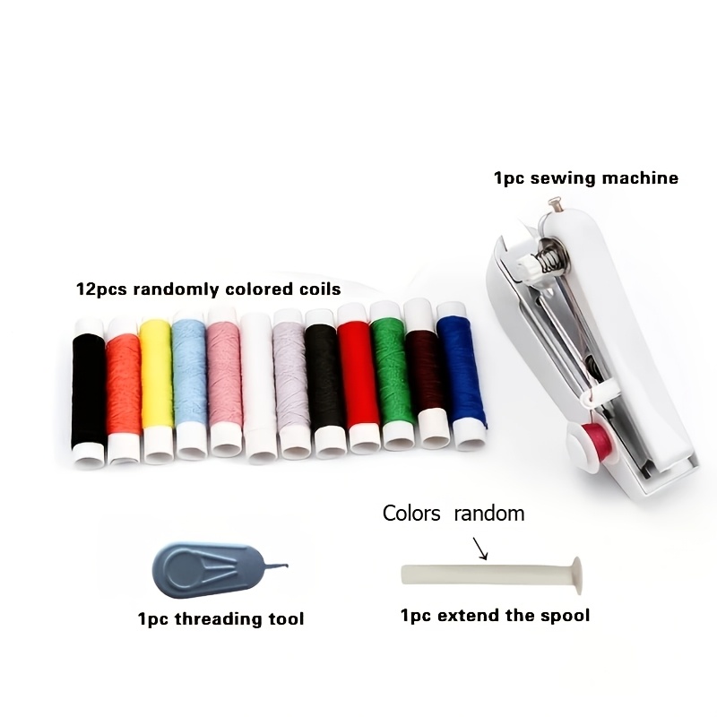 TEMU 1 Set Of 15pcs Portable Handheld Mini Sewing Machine, Manual Small Sewing Tool, Includes 12 Color Thread Spools + 1pc Threading Tool + 1pc Spool