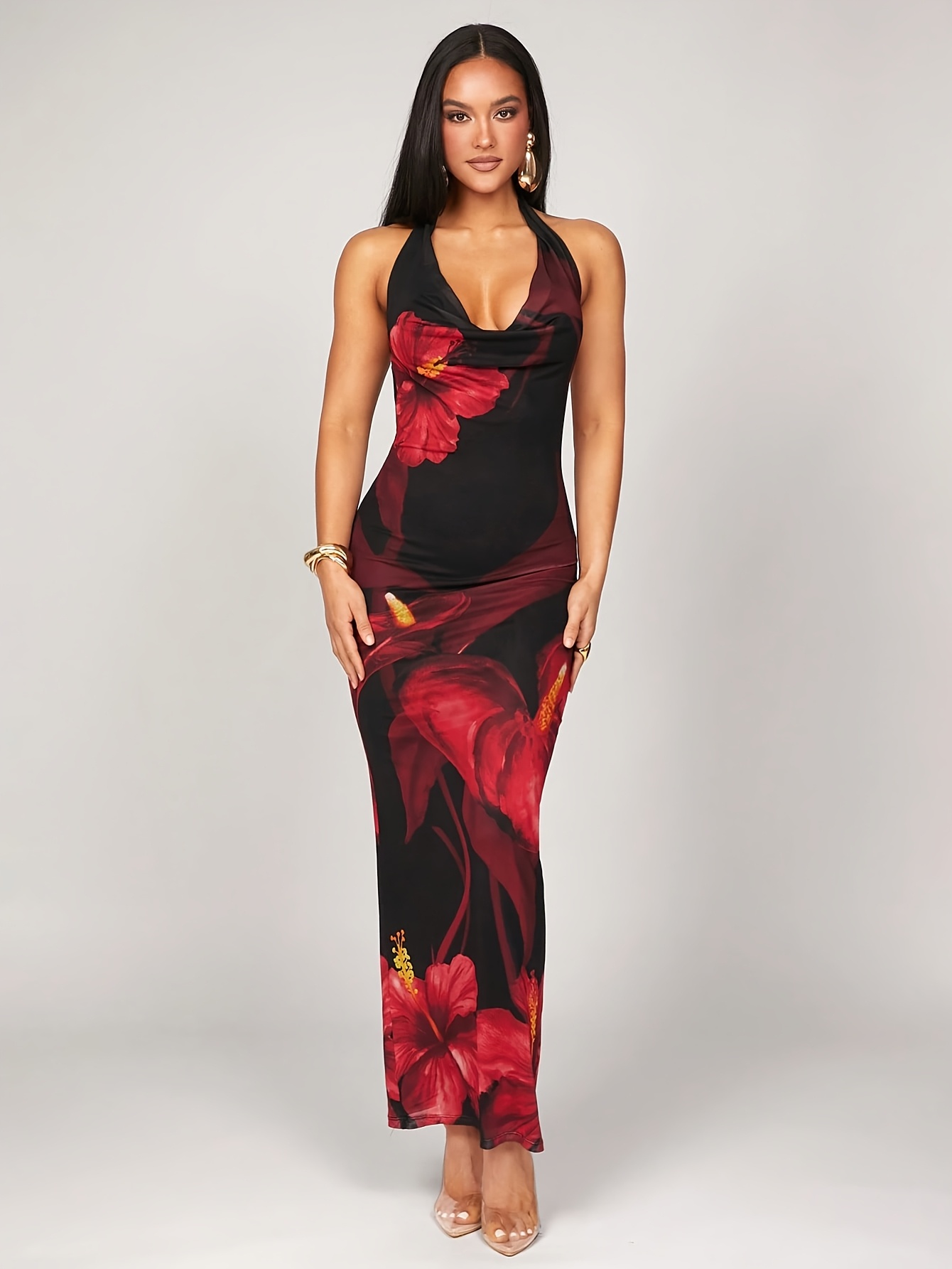 strapless open back dress Black Red Pink Rose Floral Print 3/4 Sleeve Crossover Vintage Swing Dr   Pretty Kitty Fashion