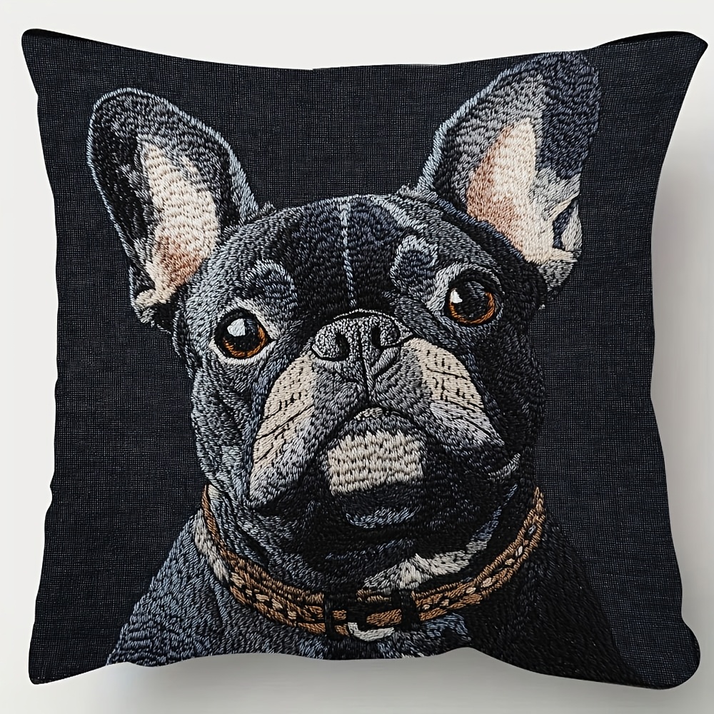 

1pc Bohemian Style French Bulldog Embroidery- Short Plush Pillow Cover, Double-sided Print, Machine Washable, Zipper Closure, 18x18 Inches, Polyester, For Living Room & Bedroom Decor