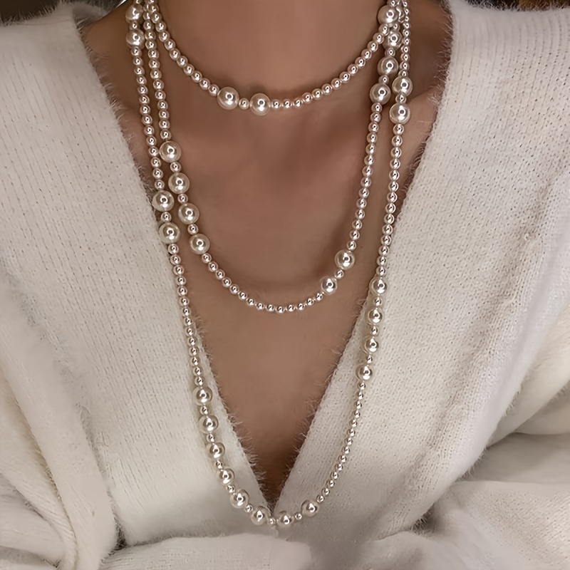 

Vintage Boho Style Double-strand Imitation Pearl Necklace, Elegant Multi-layer Sweater Chains, No Mosaic, Versatile Daily Wear Accessory