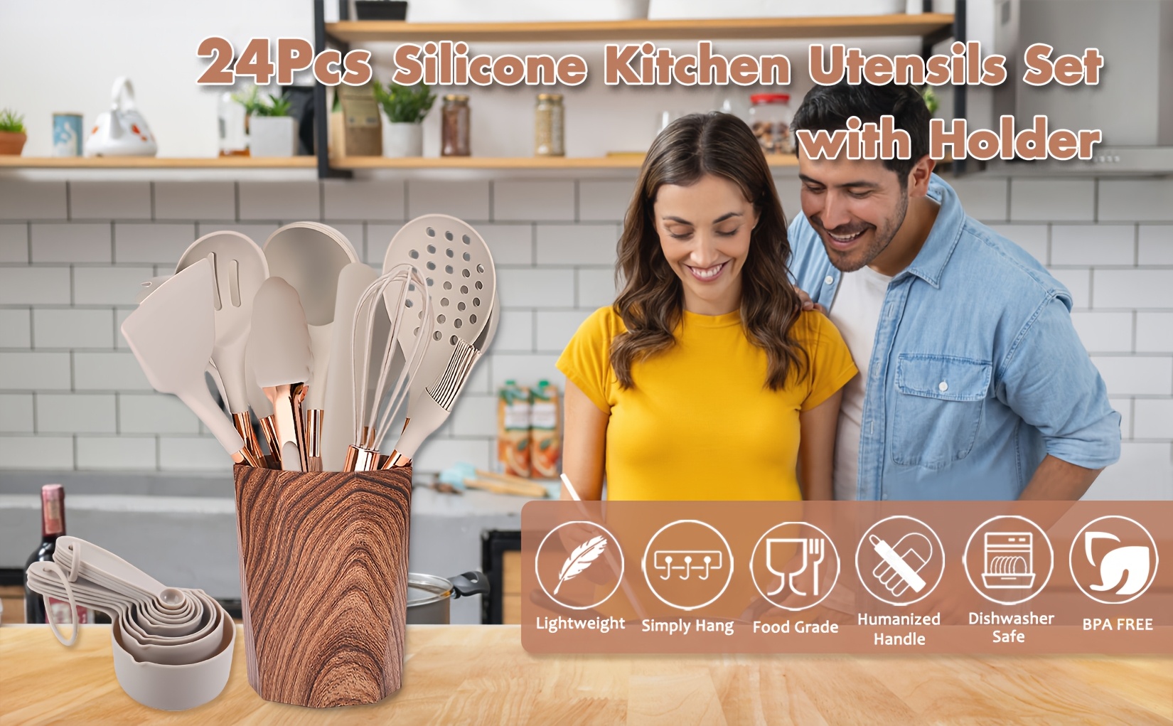 24pcs silicone cooking utensils set kitchen utensils set with storage box wood pattern handle silicone utensils for cooking with food safety turner pasta server skimmer ladle spoon tong whisk details 0