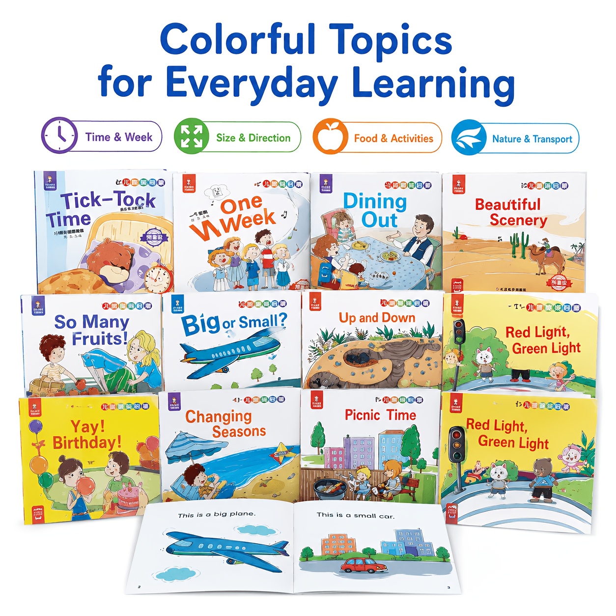 TEMU A Set Of 6 Random Children's English Picture Booklets Featuring Themes Of Daily Life, Nature, And Transportation. Short And Colorful