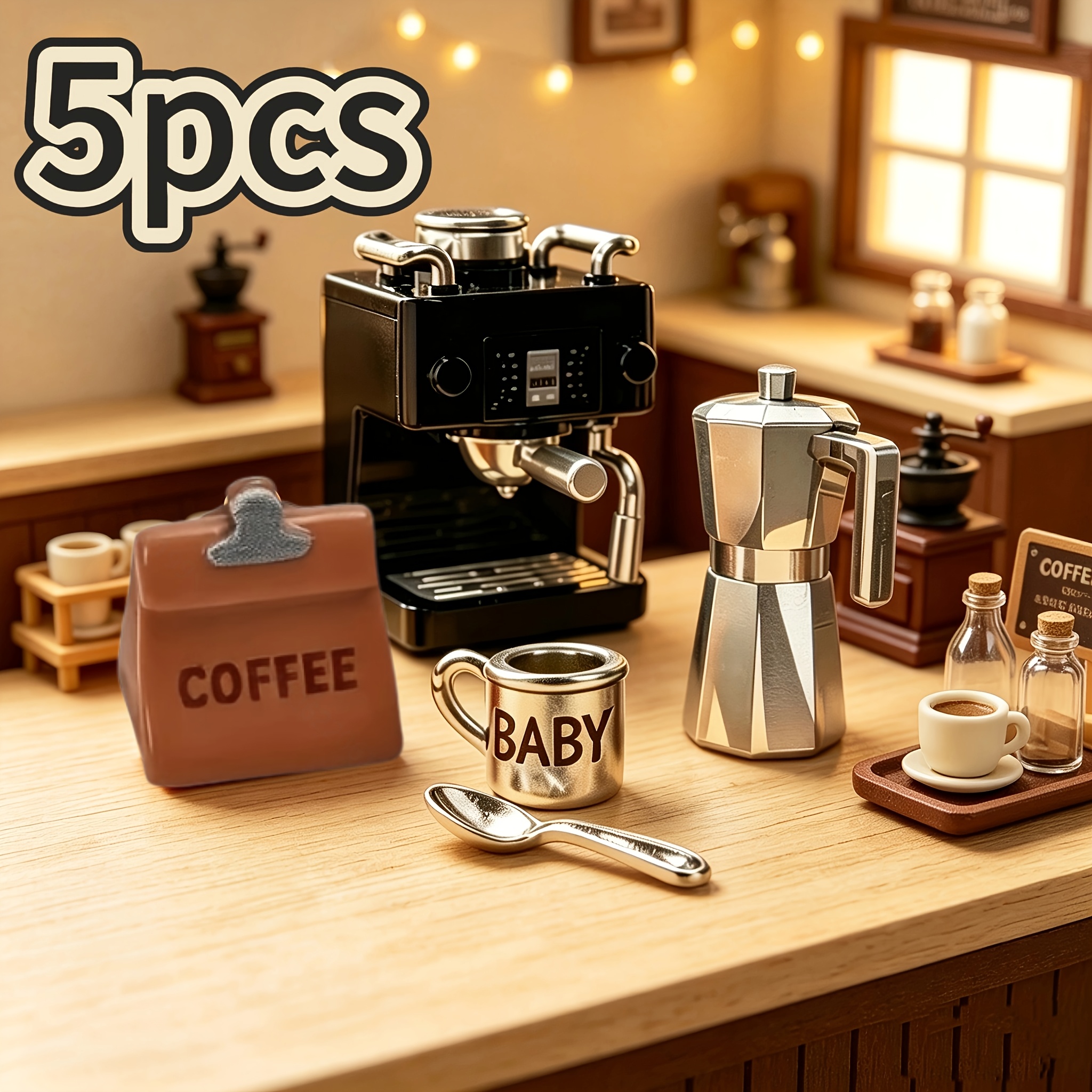 TEMU 5pcs Set, Miniature Coffee Machine Scene Ornament, Dollhouse, Model House Accessories, Dollhouse, House Decoration, Photography Prop, Perfect
