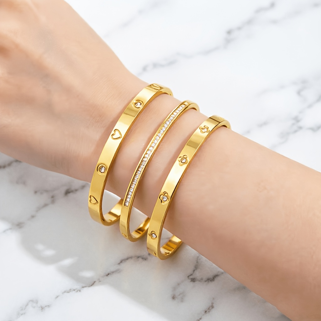 TEMU Ensemble de 3 bracelets, cœurs empilables en acier inoxydable, bracelets incrustés de (Zirconia) synthétique et floraux, bijoux , pour