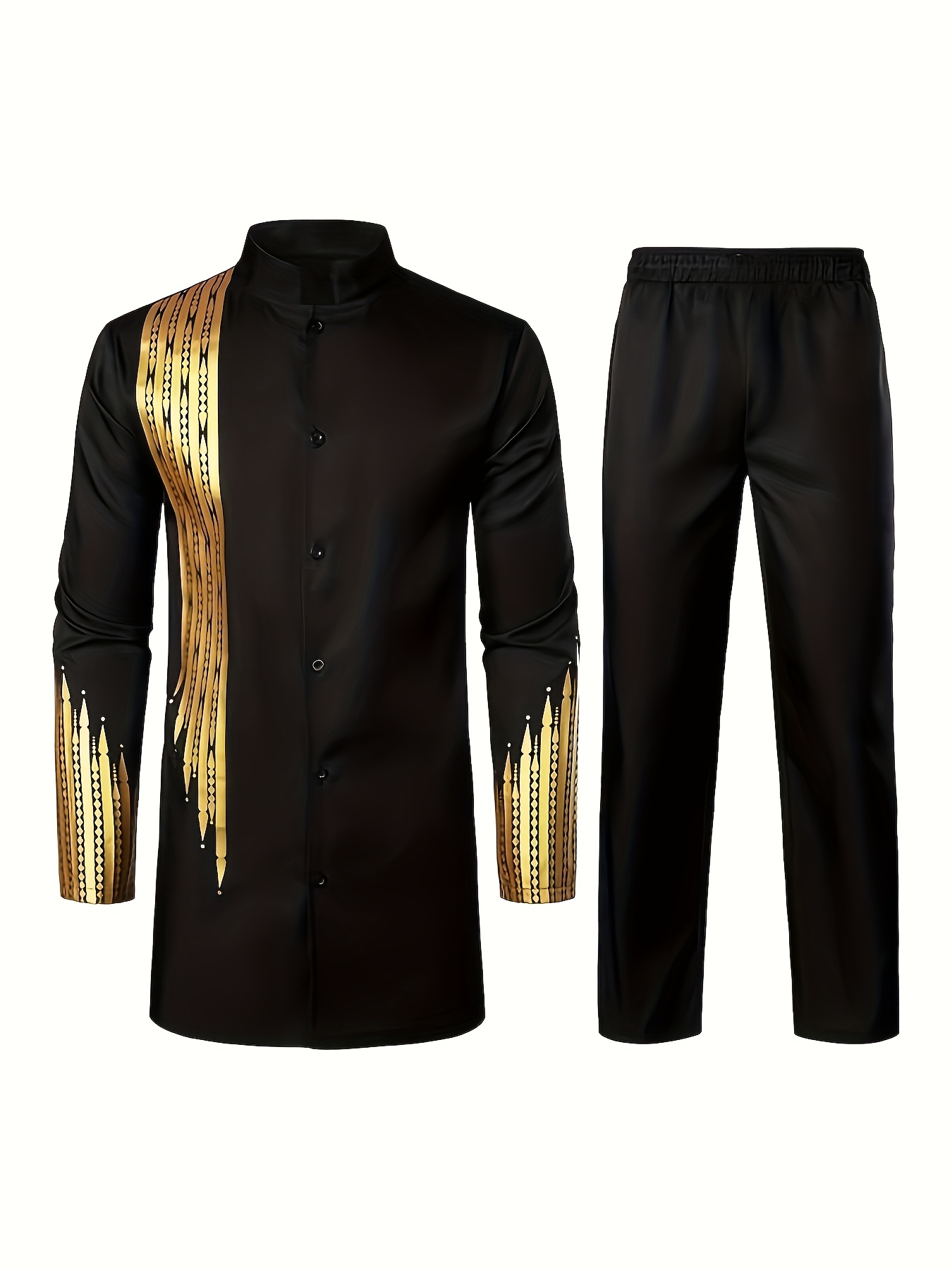 Men'S Casual Long-Sleeve Two-Piece Suit - Mid-Length Top & Trousers, Button Detail, Loose Fit, All-Season Wear, Traditional Cultural Attire, Formal & Everyday Outfits
