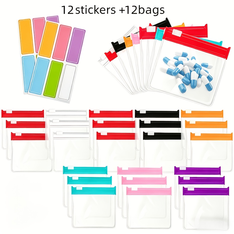 Image of 12/24pcs Reusable Zipper Pill Bag Set, Small Portable Plastic Medicine Storage Bags With 32 Labels For Travel And Organizing Medication Or Small Items
