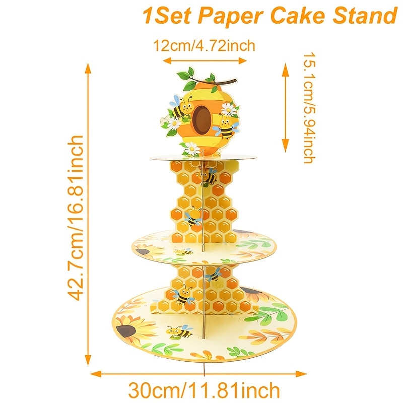 E-shop Set, Kuchenständer im Bienen-Thema (Nicht für Lebensmittelkontakt), Tafelaufsätze, 3-stöckiges gelbes Bienen-Papier Cupcake-Regal,