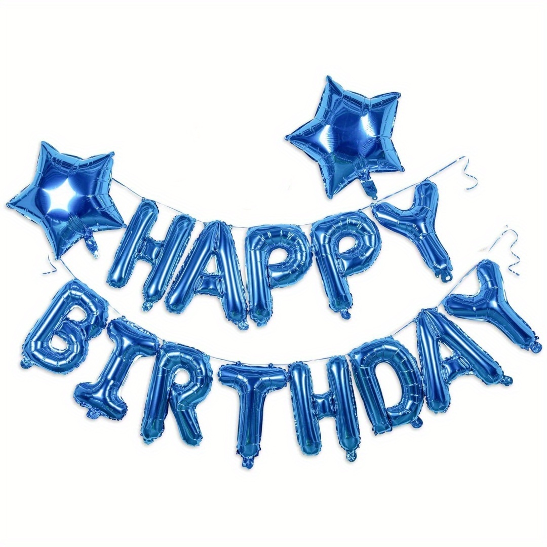 Image of 1 Set Birthday Balloons Banner, 3d Black Premium Mylar Foil Letter Happy Birthday Banner With 2pcs Star Balloons Kits For Men Adults Birthday Party Decorations Supplies