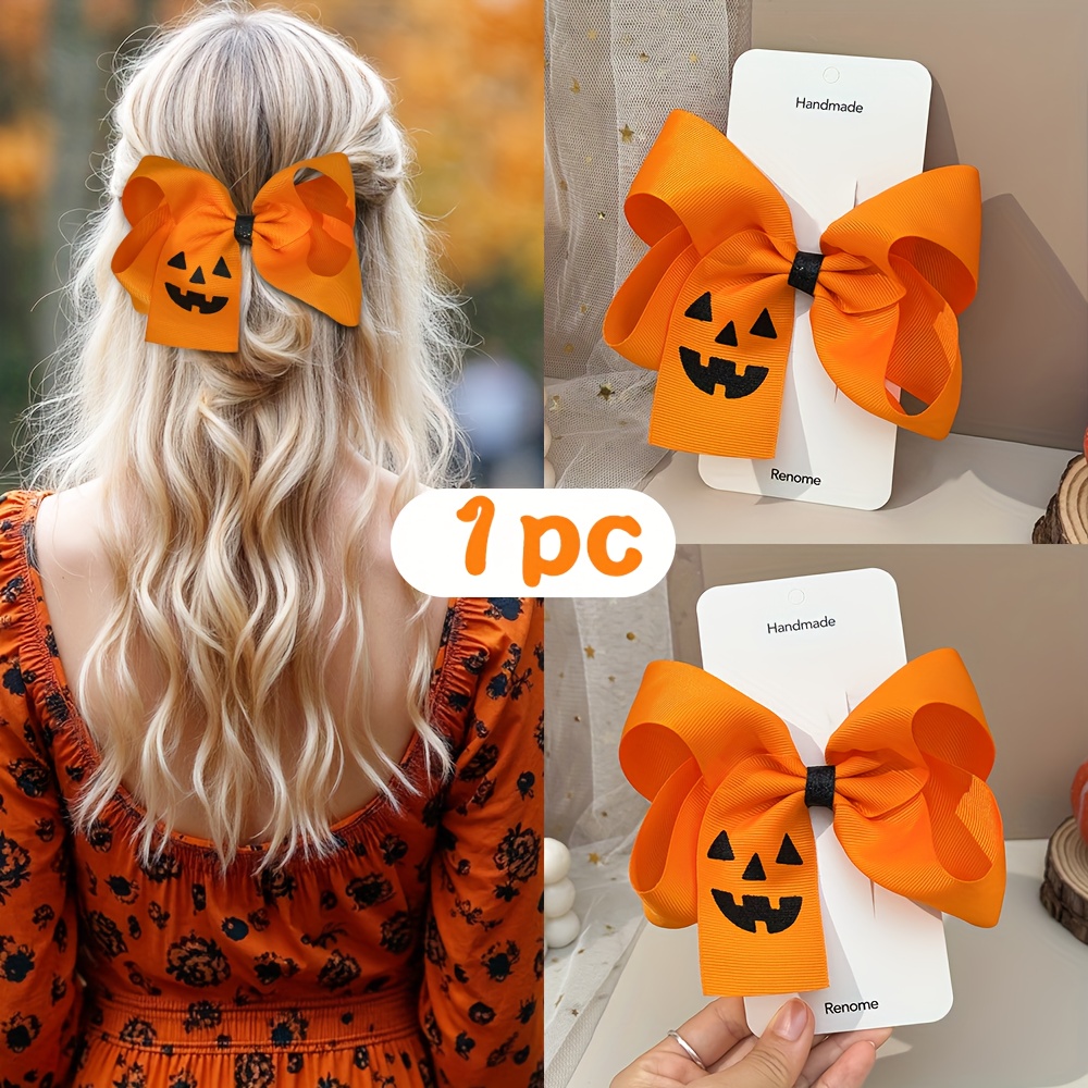 1pc Orange Jack-o'-lantern Grosgrain Bow Hair Clip For Women, Classic Pumpkin Face Print Large Bow Barrette, Minimalist Halloween Hair Accessory For Fall Party And Trick-or-treat Outfits