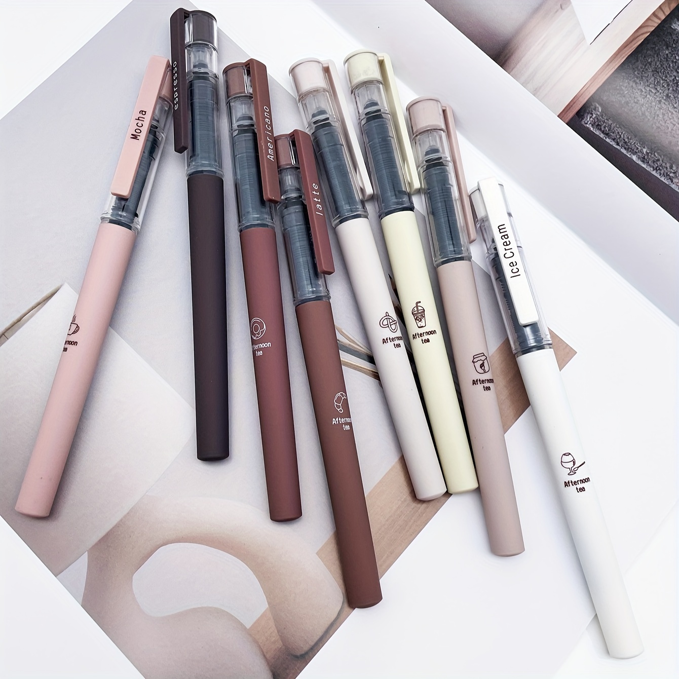 6pcs/8pcs Coffee Theme Liquid Quick-Drying Ink Gel Pens, No smear Soft Touch Pens for Note taking Drawing School& Office Supplies