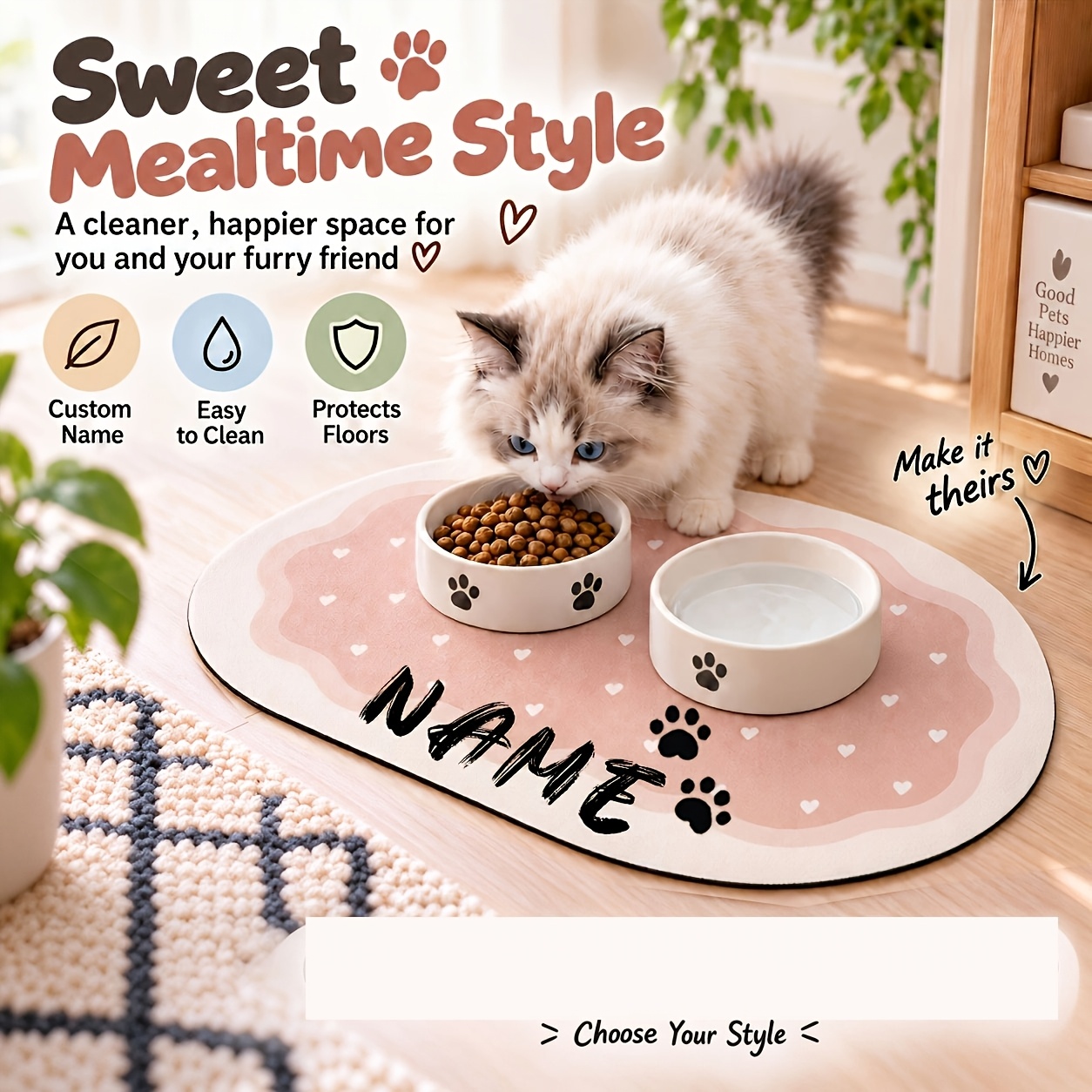 TEMU Pet Feeding Mat For Cats And Dogs, Paw Print Design - Durable Absorbent Mat For Food And Water Bowls, Suitable For Small To Medium Dogs, Easy To