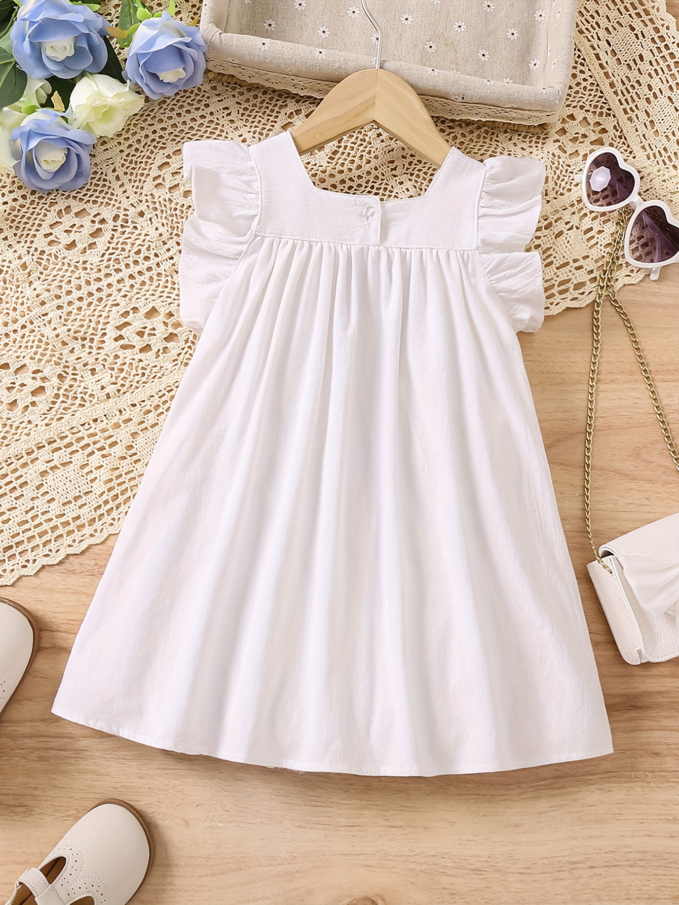 Girls Color Block Lace Layered Trim Square Neck White Dress - Temu