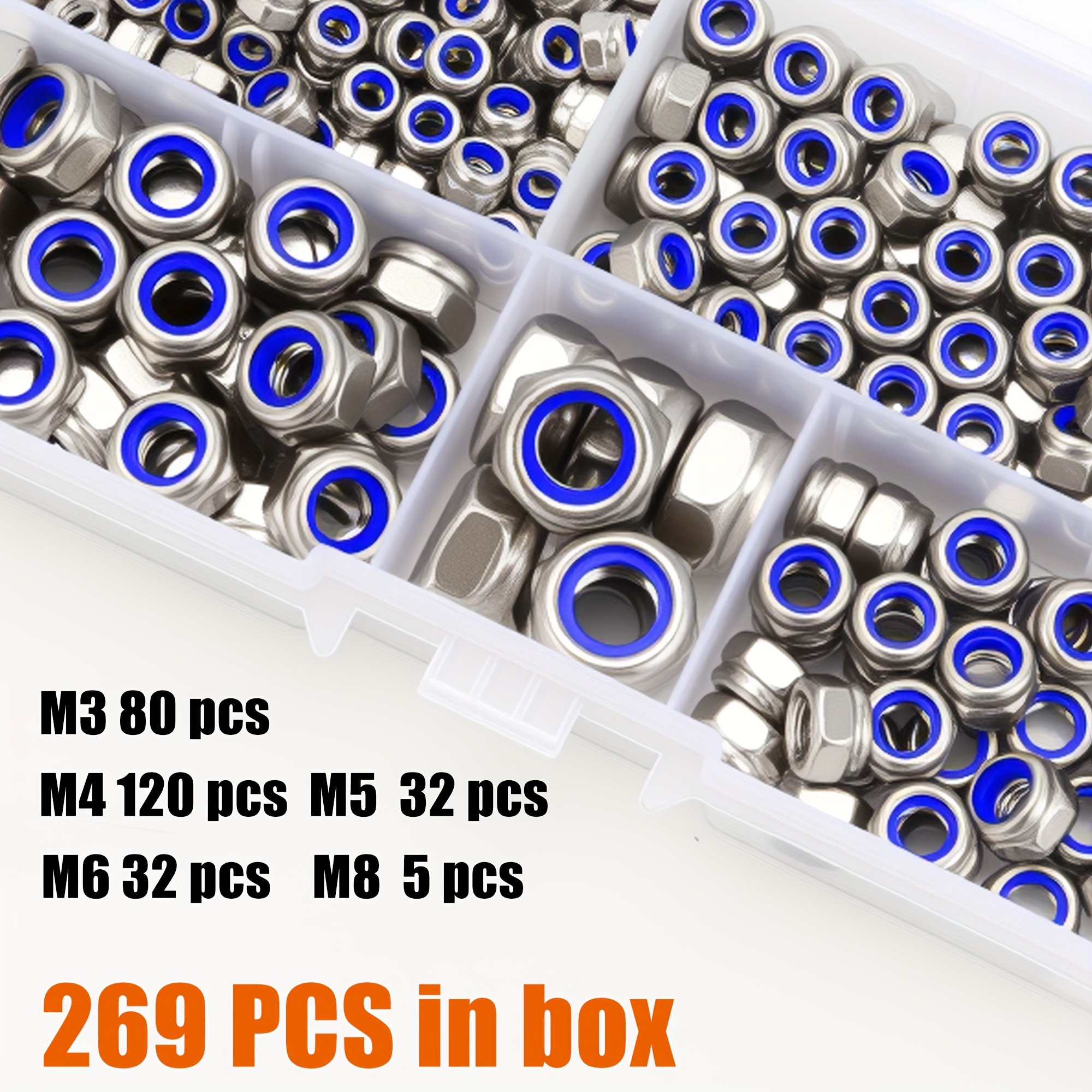 TEMU 269pcs Set Of Stainless Steel Metric Locking Bolts, Featuring Nylon Insert Hexagon Locking Bolts In Sizes M3, M4, M5, M6, And M8. Bolts Have A