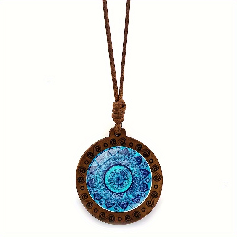TEMU Collana con ciondolo in vetro e legno con gemma del tempo a mandala e cordino in cera marrone vintage per donna, collana in stile e americano