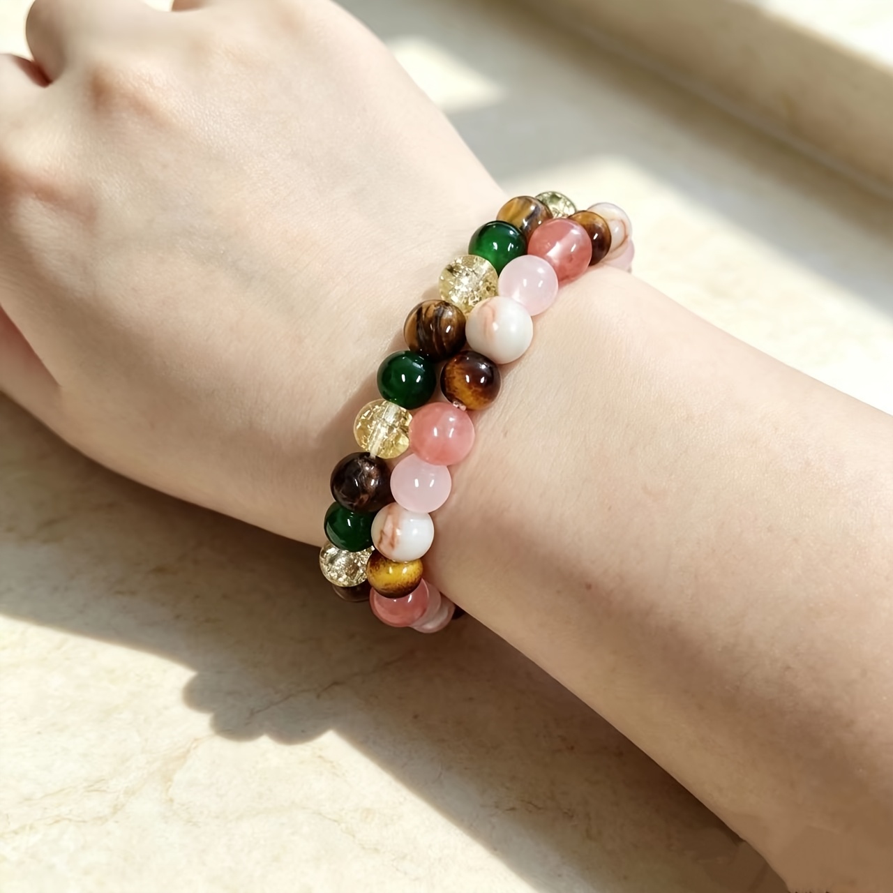 2pcs Pink Cherry Blossom Agate Tiger Eye Bracelet Set