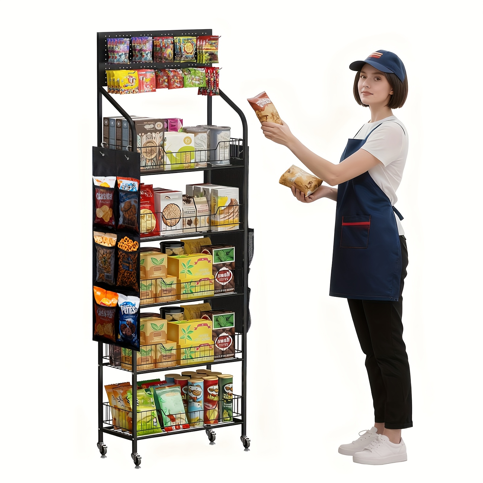 TEMU 4/5-story Supermarket , Independent Black Retail Display Rack, Heavy-duty Metal Snack Rack With 2 Large-capacity Storage Hanging Bags, 4 Wheels