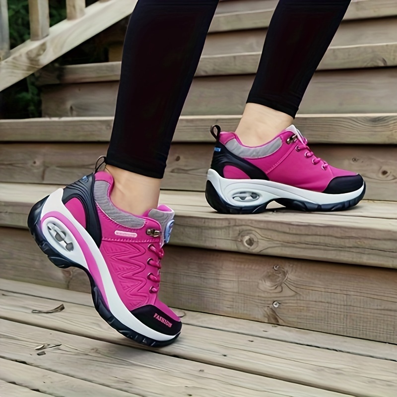 zapatillas de senderismo bajas para mujer | bordadas, para    , con cordones, punta redonda, parte superior y   de microfibra, entrenadores casuales para caminar y correr 4