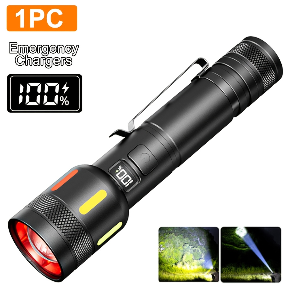 1pc Led Tactical Flashlight, Type-c Rechargeable Flashlight, Handheld Camping Flashlight With Hook, 4 Lighting , Display, 3000mah Battery, For Outdoor Exploration, Fishing, Hiking