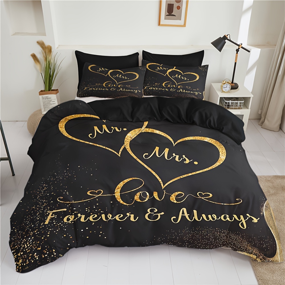 TEMU Set Copripiumino Piuma per 2/3 pezzi, Copripiumino con Paillettes Dorate Scintillanti, Decorazione da Letto Stampata Amore, Regalo Valentino,