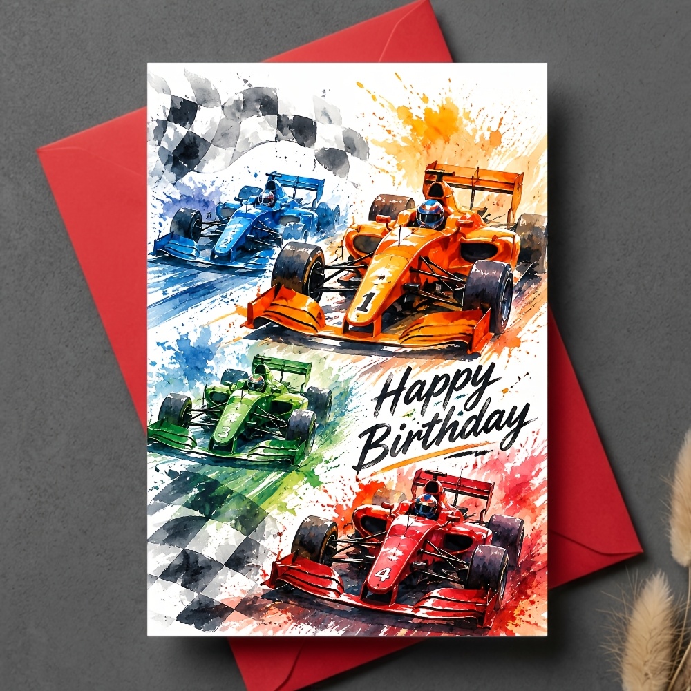 TEMU 1 Greeting Card + 1 Envelope. 2d -themed Birthday Card, Featuring Vibrant Watercolor Illustrations, Exquisite Artistic Style, Cool Racing ,