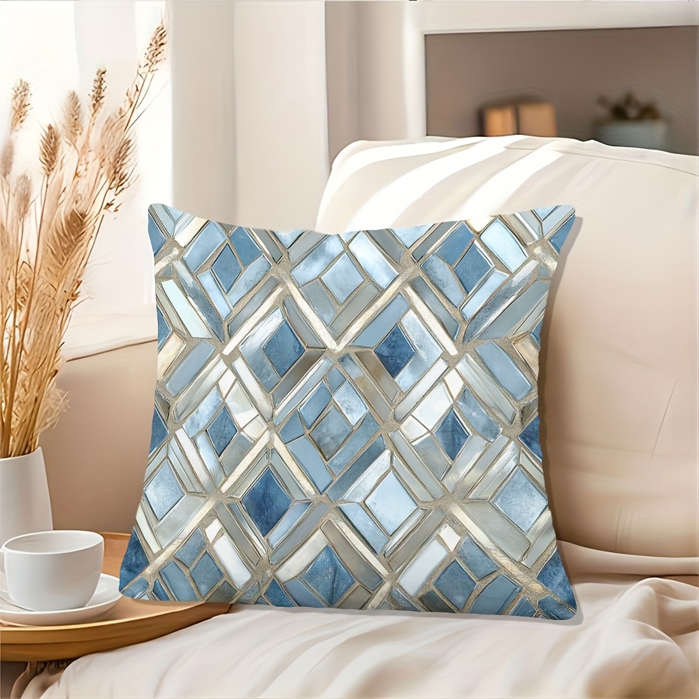 TEMU Housse de coussin décorative 1 pièce, impression double face (impression 2D à plat), cristal bleu géométrique, 18x18 pouces, peluche courte,