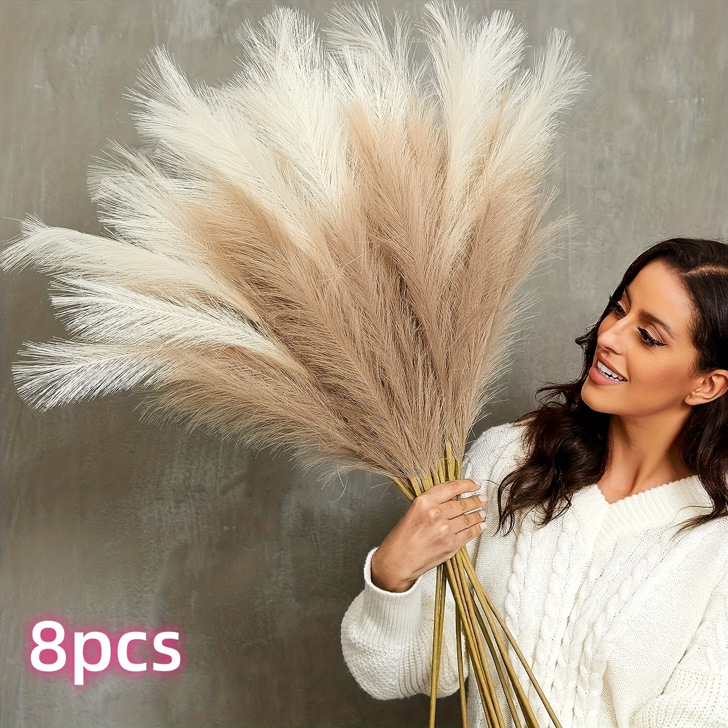 E-shop 8 Stück Luxus Künstliche Pampasgras Dekorationen, 99 cm (39 Zoll) hoch - Weiche, flauschige beige und weiße Stiele, ideal für Boho-, Hochzeiten,