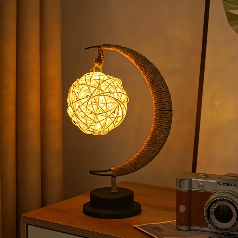 rattan decor led bedside desk lamp usb powered cartoon inspired night light shaped shade polished metal base warm ambient lighting for bedroom living room home decor table lamp for bedroom bedroom lighting metallic Product details 0